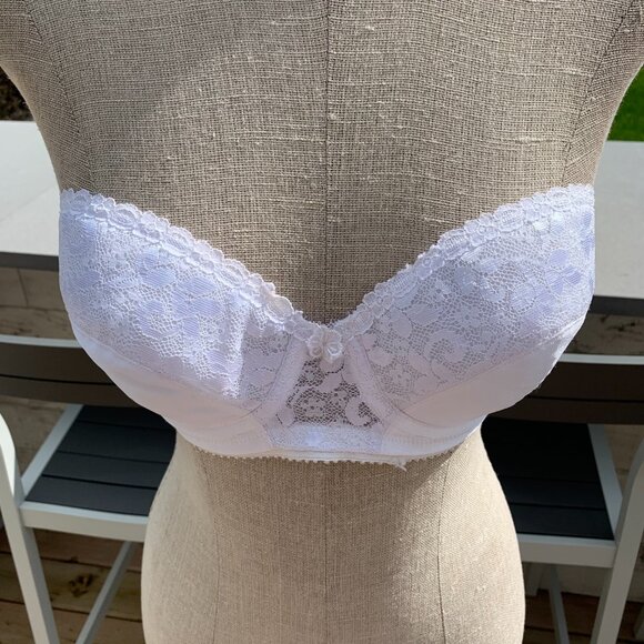 Vintage 90s Carnival Strapless Underwire White Satin Floral Lace Bra - Picture 3 of 11